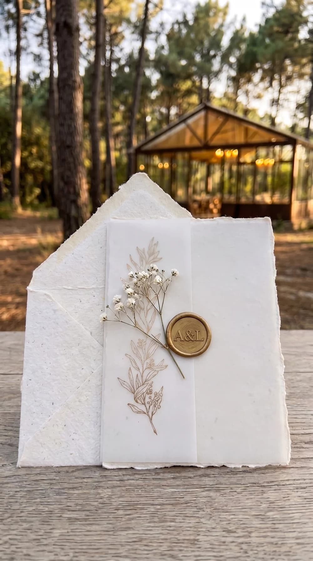 Invitación de boda en papel de algodón blanco con lacre dorado y una ramita seca, sobre madera