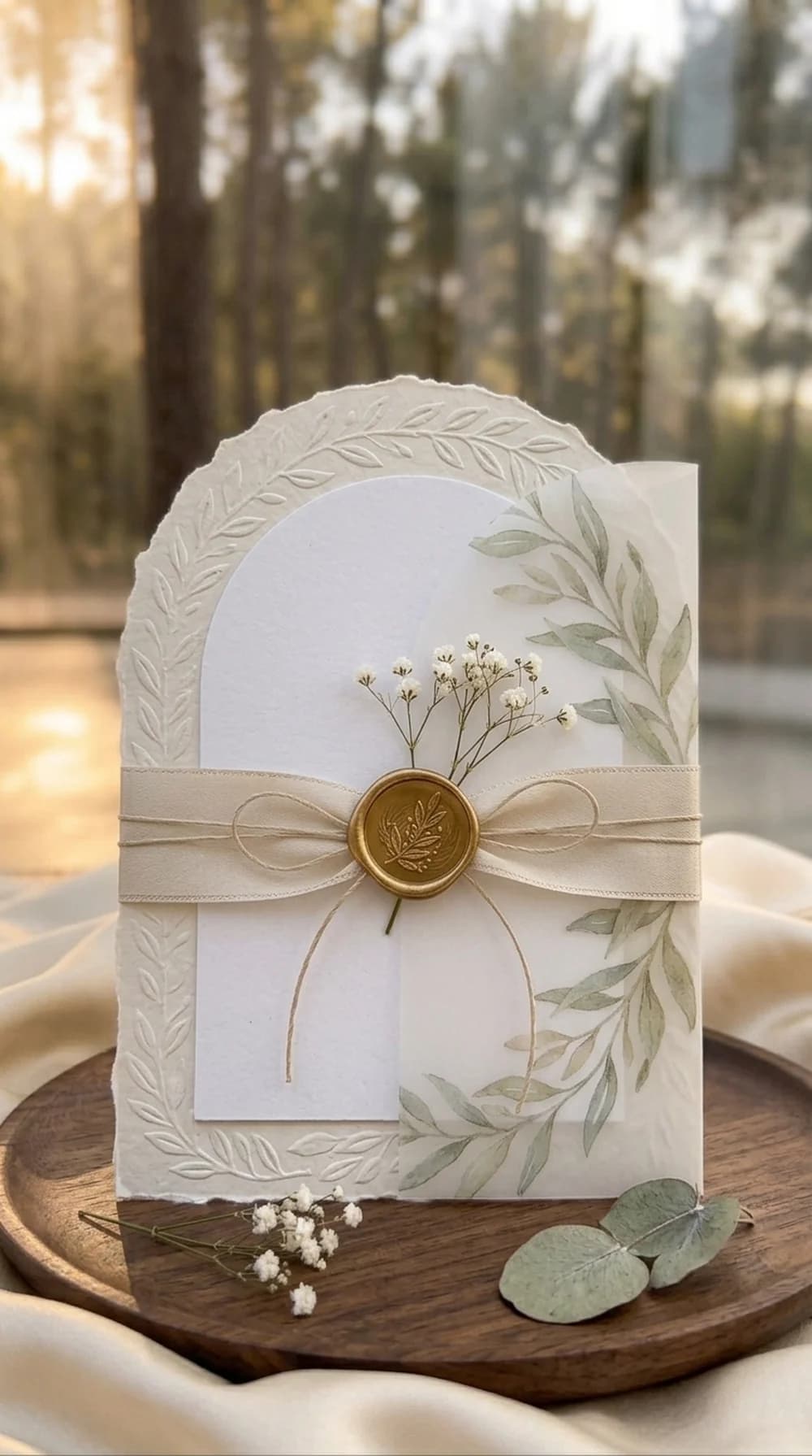 Invitación de boda en forma de arco con hojas en relieve seco y papel vegetal botánico encima