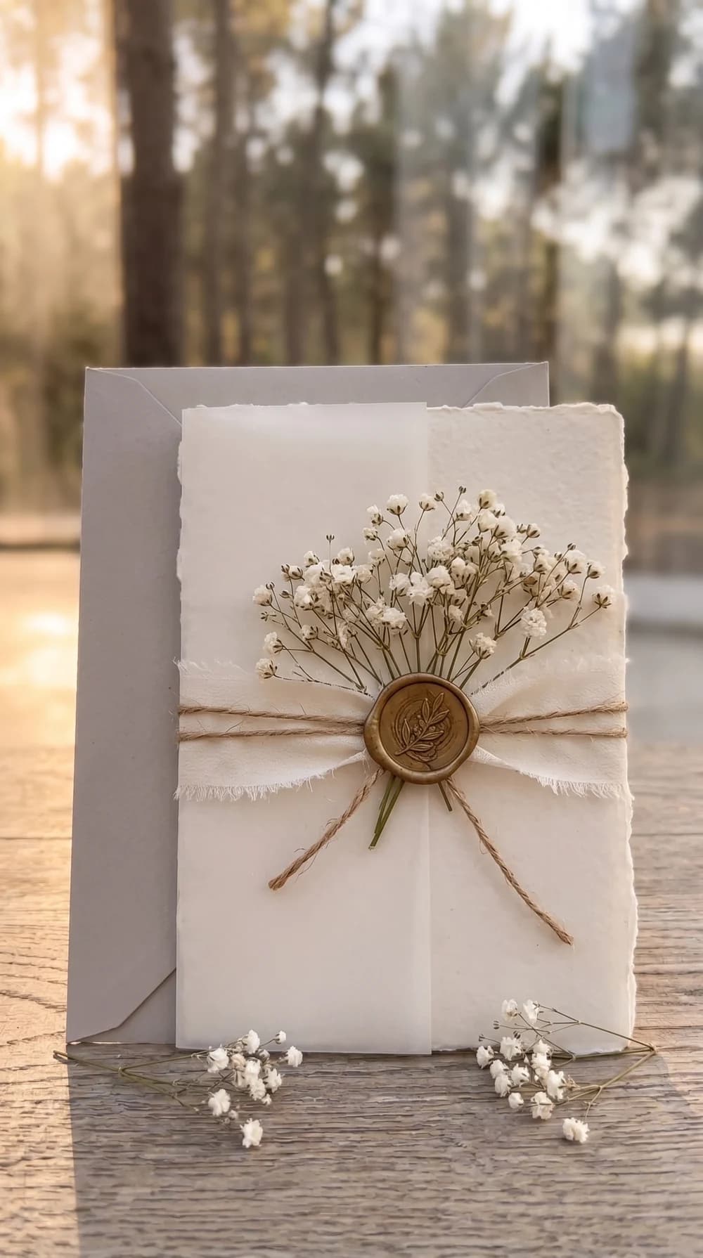 Invitación de boda con gasa de chifón deshilachada, lacre de bronce y paniculata seca, a contraluz