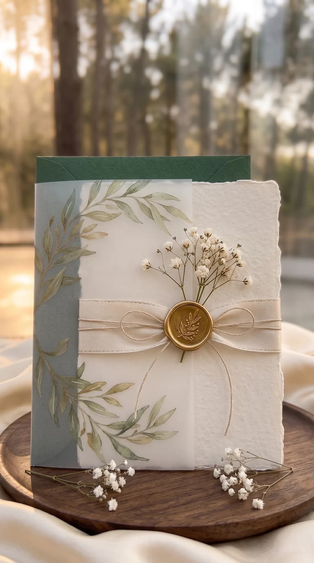 Invitación de boda con papel vegetal botánico perfilado en dorado sobre sobre verde, con cinta de raso marfil